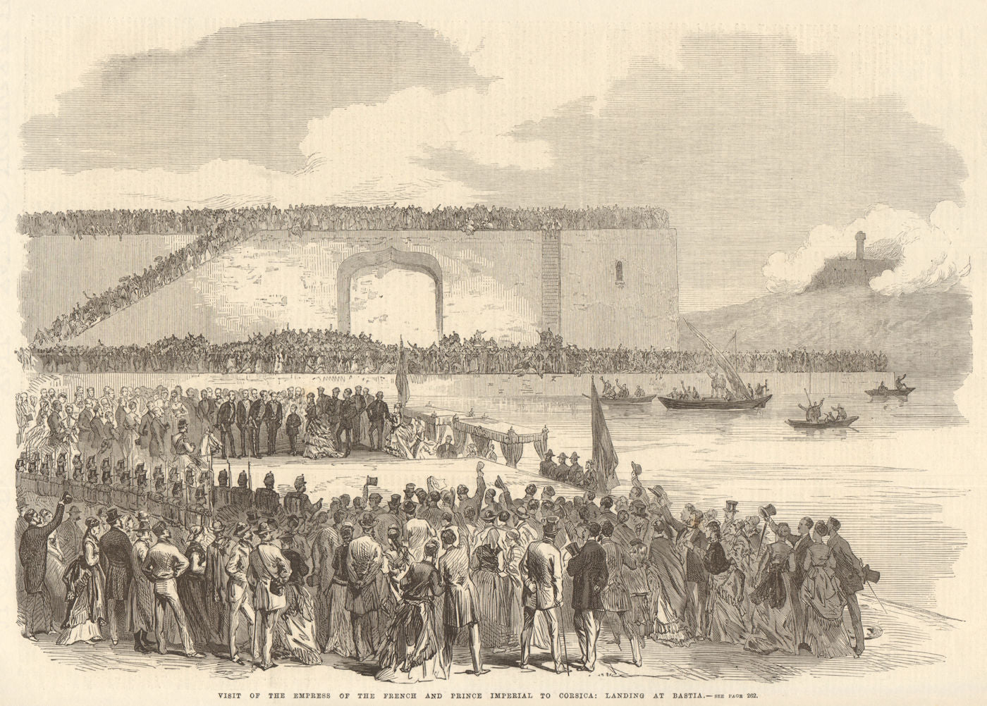The French Empress & Prince Imperial landing at Bastia, Corsica 1869 old print